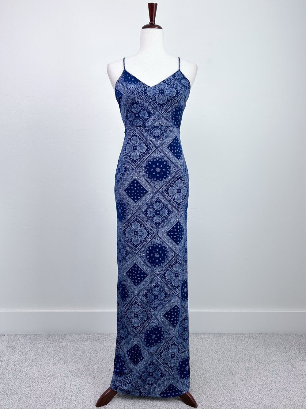 Bandana MEDIUM Bohemian Blue Strappy Long Side Slit Sleeveless Maxi Dress NWT